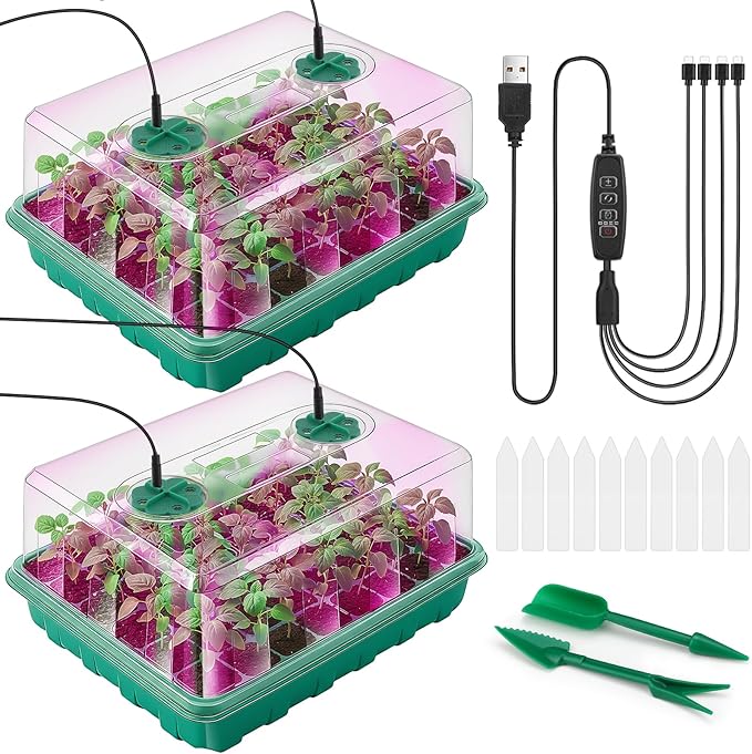 96 Cells Seed Starter Tray with Lights, 2 Packs Seed Starter Kit with Humidity Vented Domes and High Lid, Adjustable Brightness Germination Kit for Indoor Greenhouse Seed Starter by Hanaoyo