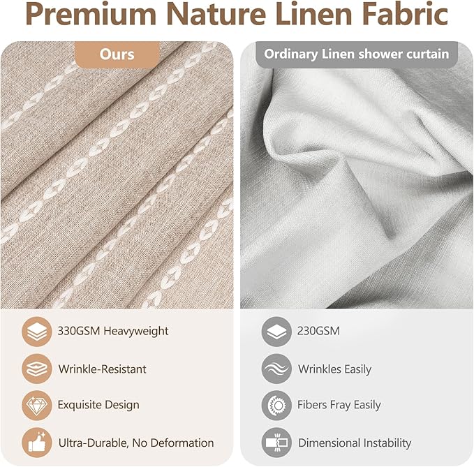Boho Farmhouse Shower Curtain Heavyweight with Tassels, 72 x 84 Inch Extra Long Taupe Linen Textured Fabric Shower Curtain for Bathroom, Tan and White Striped Bath Décor Curtain Water Repellent - Image 2