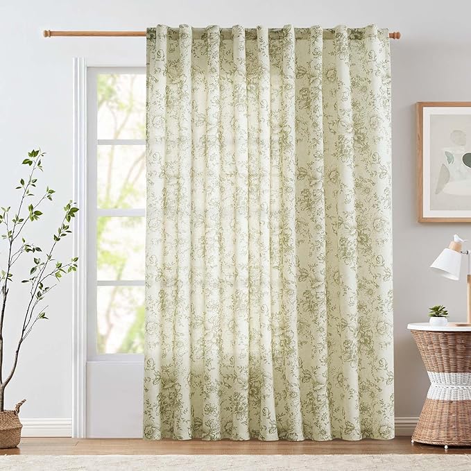 jinchan Linen Floral Curtains Extra Wide for Patio Sliding Glass Door Room Divider Curtain for Living Room Drapes 90 Inch Length Farmhouse Peony Green Printed Curtain Set 1 Panel by JINCHAN