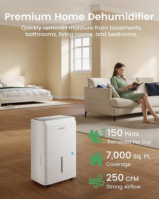Waykar 150 Pint Energy Star Dehumidifier for Large Rooms up to 7,000 Sq. Ft. for Home, Basement, Commercial, Industrial, with Drain Hose & Tank, Auto Defrost, Ultra Quiet, Smart Auto Comfort Mode - Image 2
