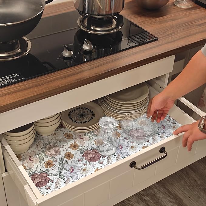 Floral Drawer Shelf Liners, 16IN x 10FT Non Adhesive and Strong Non-Slip Cabinet Drawer Shelf Liners for Kitchen Wire Fridge, Waterproof Shelf Liner,Easy to Clean - Image 5
