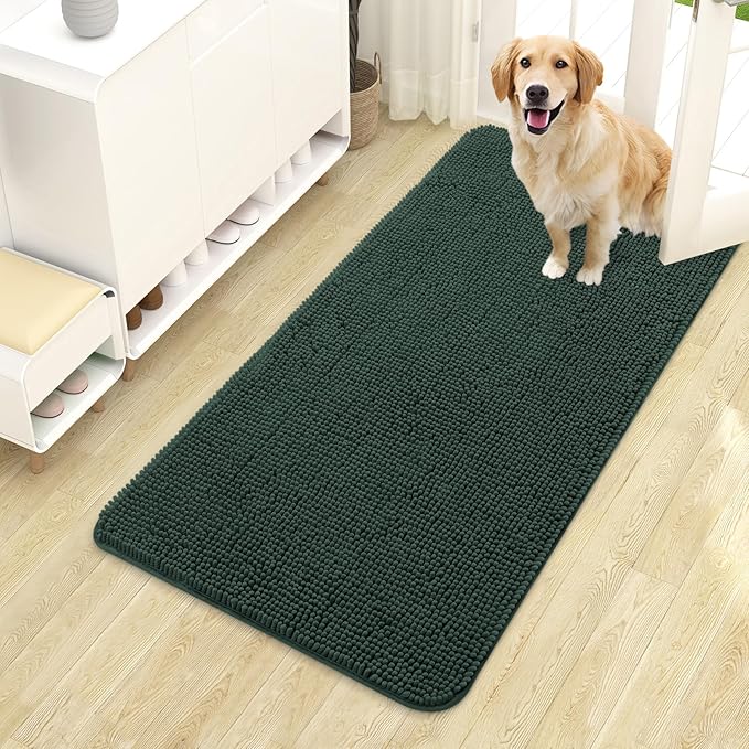 OLANLY Dog Door Mat for Muddy Paws 44x24, Absorbs Moisture and Dirt, Absorbent Non-Slip Washable Doormat, Quick Dry Chenille Mud Mat, Entry Indoor Entryway Carpet for Inside Floor, Blackish Green by OLANLY