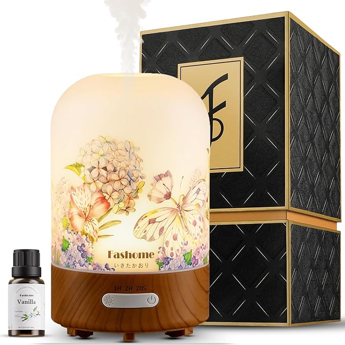 Essential Oil Diffuser Hand Blown Glass, 100ml Small Aromatherapy Diffuser, Auto Shut-Off Function, Ultrasonic Diffusers for Essential Oils, Cool Mist Humidifier with Warm White Lights (Vanilla Oil) by Fashome