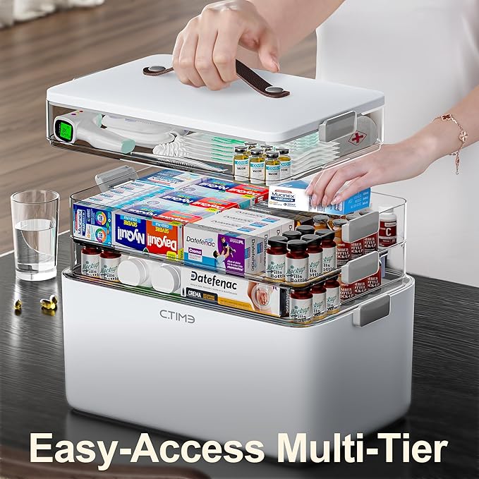 CTIME 4-Tier XL Medicine Organizer - Portable Medicine Cabinet with Leather Handle, Empty First Aid Kit for Home Organization Must, School, Dormitory, Travel, RV, Dorm, Ideal Elderly Gift - Image 4