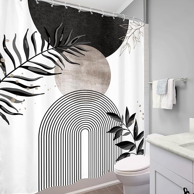 Black Grey Boho Shower Curtain 60Wx72H Bohemian Mid Century Modern Abstract Gray Gold Leaves Plant Minimalist Geometric Bathroom Decor Arch Neutral Bath Curtain Fabric Polyester 12 Pack Hooks - Image 4
