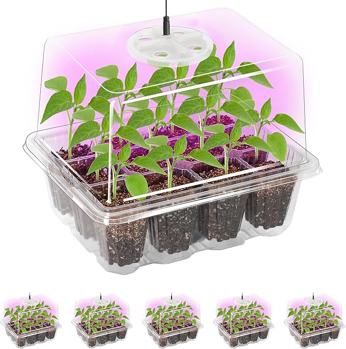 Bonviee 5 Packs Seed Starter Tray with Grow Light, Elevated Seedling Starter Trays Kits with Adjustable Humidity Domes and Clear Cell Tray, 12 Full Spectrum led lamp Beads for Plants Indoor-Clear by BonvieeDirect
