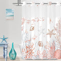 Extra Long No Hook Shower Curtain with Snap in Liner, Beach Ocean Nautical Coastal Shower Curtains and Liner Set for Bathroom, Seashell Fabric Bath Curtain, Waterproof Washable, Coral 71"x84" by TWLSNCD