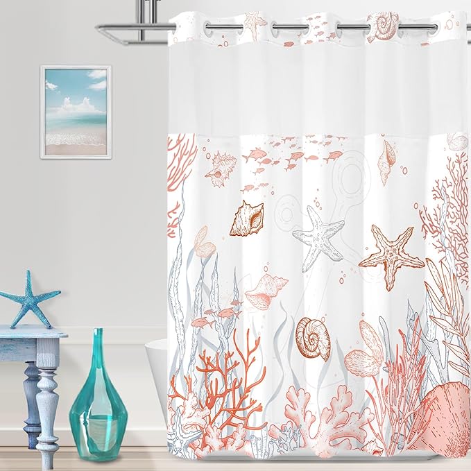 No Hook Shower Curtain with Snap in Liner, Beach Ocean Nautical Coastal Shower Curtains and Liner Set for Bathroom, Seashell Hotel Fabric Bath Curtain, Waterproof Washable, Coral 71" x 74" by TWLSNCD