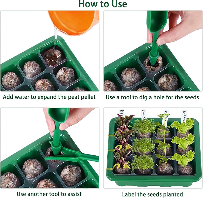 10 Sets Seed Starter Tray Kit Seed Starter Trays with Humidity Dome and Base Include 120 Peat Pellets 200 Plant Labels Garden Tools Plant Germination Tray Set for Indoor Outdoor Planting, Green - Image 5