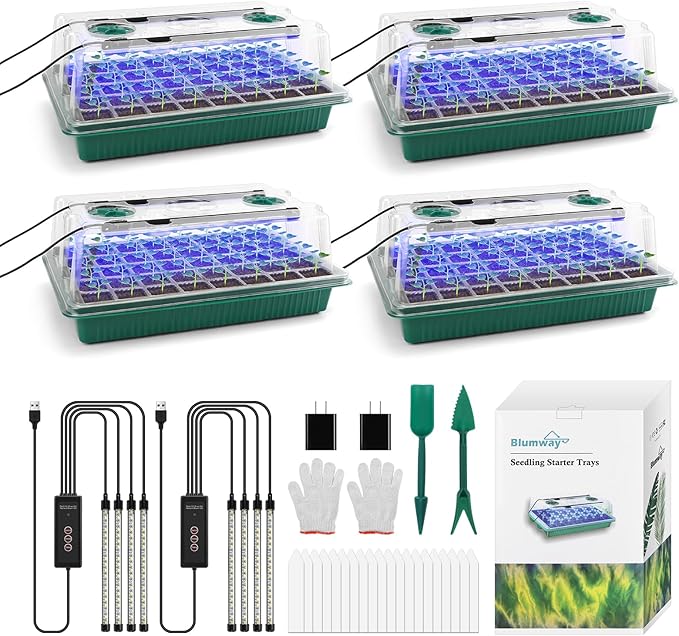 BlumWay Seed Starter Tray with Grow Light,4 Pack 160 Cells Seedling Tray with Humidity Dome/Indoor Grow Kit for Deep-Rooted Seedlings,Adjustable/Timed Light Plant Starter Set by BlumWay