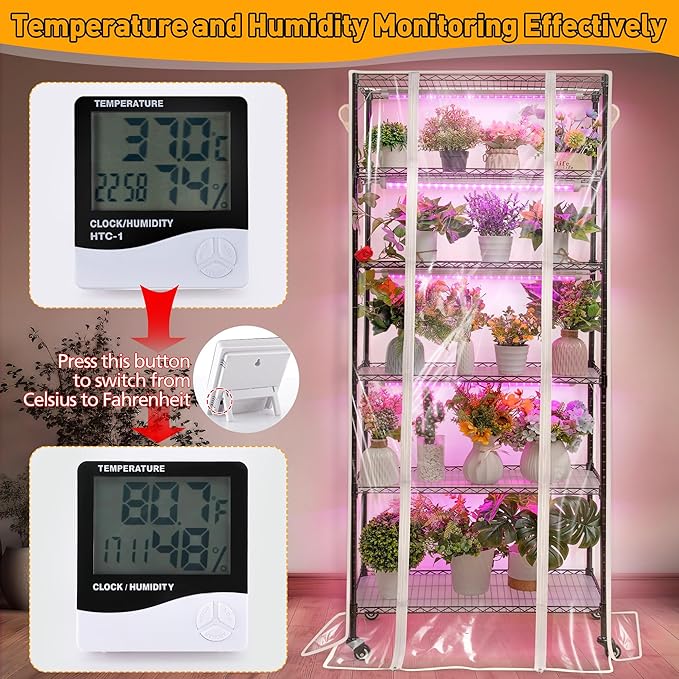 Meonum Indoor Greenhouse with Grow Lights, 6 Tier Metal Plant Shelf with Cover (30" x 13.8" x 70.8"), 5 Pack Full Spectrum Growing Lamps for Seed Starting, Grow Rack with Timer, Thermometer, pH Meter - Image 5