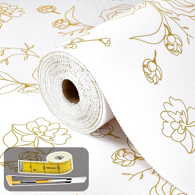 Shelf Liners for Kitchen Cabinets 12in x 39.37FT Non Adhesive Drawer Liner Gold Floral Thickened Shelf Liner Paper Strong Non-Slip Easy to Clean for Tool Box Refrigerator with Knife and Tape Measure by Oneoftheworld