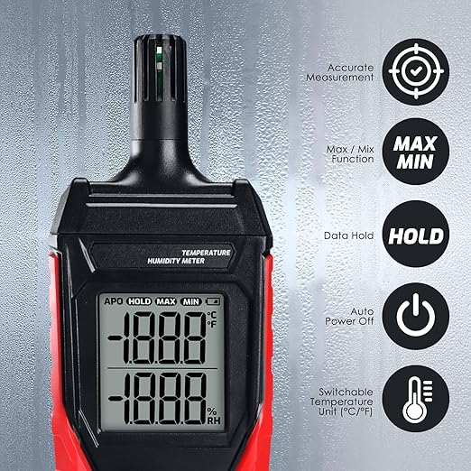 Temperature Humidity Meter, Digital Hygrometer Temperature Indoor and Outdoor, High Precision Psychrometer with Data Hold MAX/MIN,LCD Backlight - Image 2