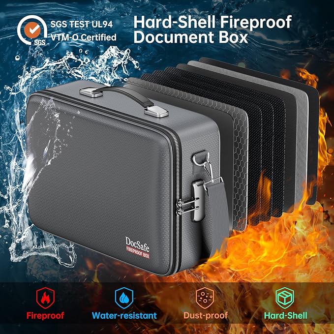 DocSafe Fireproof Document Box with Lock, Hard Case File Organizer with Accordion File Folder, Fireproof Water Resistant Safe Box Home Office Travel Storage for Important Documents Laptop Gray - Image 2