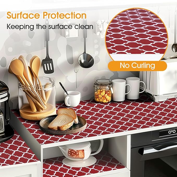 Shelf and Drawer Liner for Kitchen Cabinets Non-Adhesive, Strong Grip Non-Slip Thickened Cabinet Liners for Shelves, Waterproof Mats for Dresser Cupboard, Red/White, 17 in x 20 Feet - Image 3