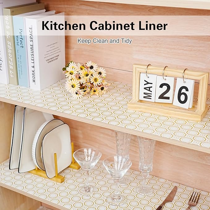Drawer and Shelf Liner for Kitchen Cabinet,Non-Adhesive Cabinet Liner 18in x 20FT,Waterproof Shelf Paper Non-Slip Mats Cupboard Liners Contact Protect Dresser/Shelves/Table-Gold Octagonal - Image 5
