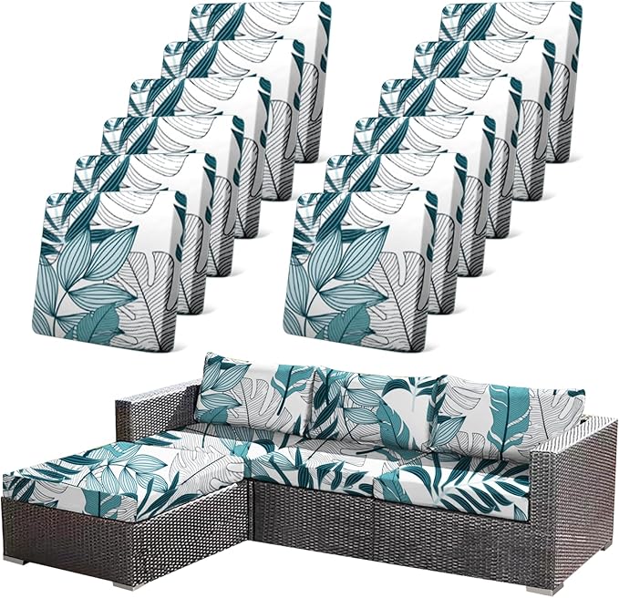 12Pcs Stretch Patio Cushion Cover Outdoor Cushion Cover Replacement Slipcovers Indoor and Outdoor Chair seat Covers Blue Botanical Print Patio Furniture Protector(Cover Only) by CALBODE