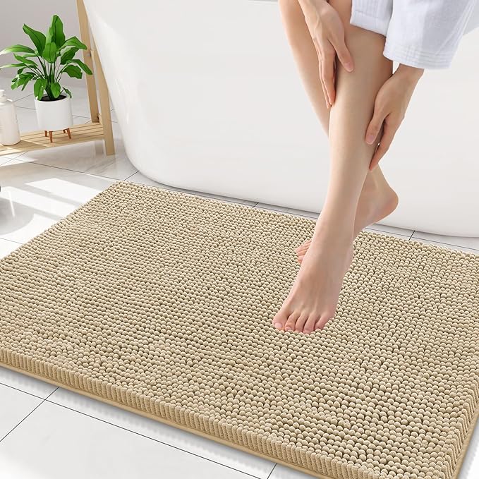 Smiry Luxury Chenille Bathroom Rugs 34x21, Extra Soft and Absorbent Shaggy Bath Mat, Machine Washable, Non-Slip Plush Carpet Runner for Tub, Shower, and Floor, Home Decor Accessories, Beige by Smiry