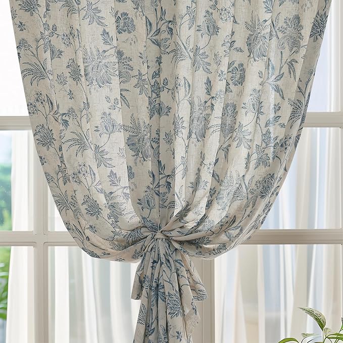 jinchan Linen Floral Curtains for Living Room with Printed Flower 96 Inches Long Light Filtering French Country Back Tab Rod Pocket Blue Window Curtain Set Farmhouse Drapes 2 Panels Blue - Image 6
