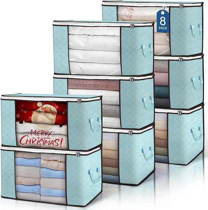 Budding Joy 90L Large Storage Bags, 8 Pack Clothes Storage Bins Foldable Closet Organizer Storage Containers with Durable Handles Storage and Organization, Blanket, Pillows and Toys (Blue) by BuddingJoy-BuildaJoyfulLifeforYou