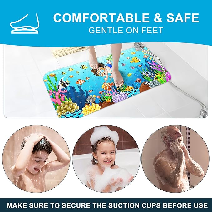 XIYUNTE Baby Bath Mat for Tub Non Slip Kids Bath Mat - 40''x16'' Extra Long Cartoon Bathtub Mat Non Slip Kids Shower Mat Eco-Friendly Toddler Bath Mats with Suction Cups, Machine Washable - Image 7