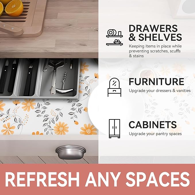 RAY STAR Shelf Liner, Non Adhesive Daisy Floral Printed Cabinet Liner for Pantry Drawer, Strong Grip Non Slip Waterproof, Shelf Liners for Kitchen Cabinets Organization 18 Inch x 8 FT (4 Rolls) - Image 6