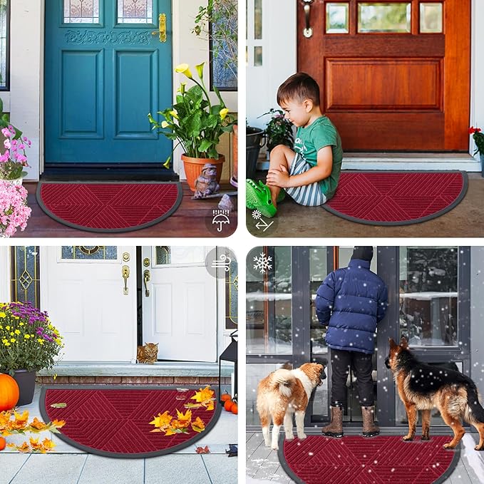 Smiry Half Circle Front Door Mat Outside Entrance, Heavy Duty Sturdy Natural Rubber Doormat, Trap Dirt and Moisture, Low Profile Mats for Indoor Outdoor Entry, Irregular Triangle (47x32, Wine Red) - Image 7