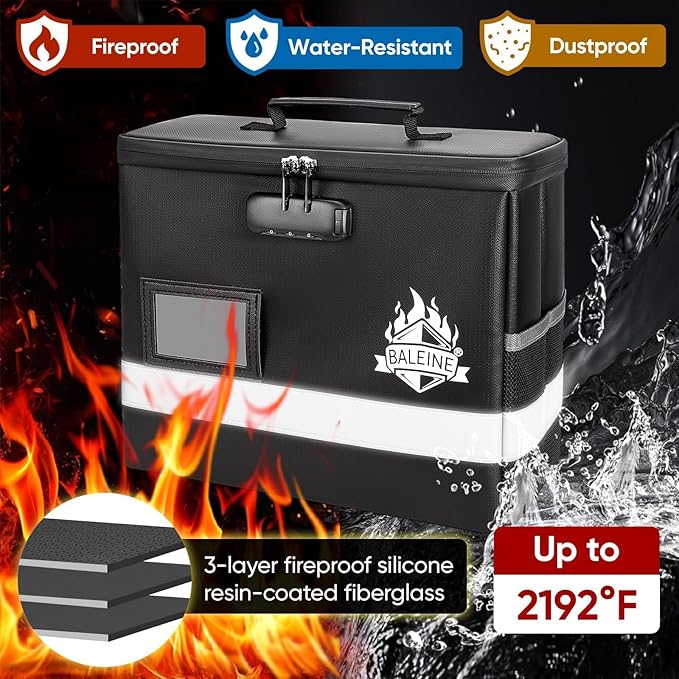 BALEINE Fireproof Document Box with Lock, Portable Fireproof Document Bag Waterproof Fire Proof File Boxes for Documents, File Organizer Box for Important Paperwork (Black, 12.5''x10.5''x6'') - Image 5