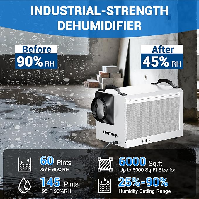 LDHTHOPI 145 Pint Commercial Dehumidifier with Drain Hose for Crawl Spaces Basements Industry Water Damage Unit Restoration, Up to 6000 Sq.Ft, Auto Defrost, Memory Starting(Gift Directional Wheels) - Image 2