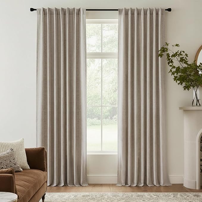 RYB HOME Natural Beige 100% Blackout Linen Curtains for Bedroom 96 inches Long, Thermal Insulated&Privacy Assurd Window Curtains for Living Room Dining Patio Sliding Glass Door, W52 x L96, 2 Panels by RYBHOME