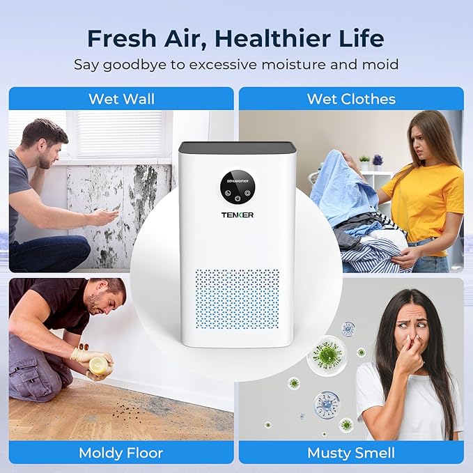 TENKER Dehumidifier for Home, 77 OZ Water Tank (1000 sq.ft) Dehumidifiers, Quiet Dehumidifier with Sleep Mode, Auto Shut Off, 7-Color LED Light for Closet Bedroom Bathroom Basement RV, White - Image 2