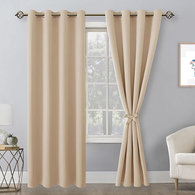 Hiasan Blackout Curtains for Bedroom, 52 x 96 Inches Long - Thermal Insulated & Energy Saving Window Curtains for Living Room, 2 Drape Panels Sewn with Tiebacks, Beige - Image 2