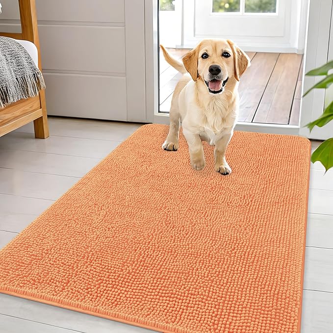 OLANLY Dog Door Mat for Muddy Paws 44x32, Absorbs Moisture and Dirt, Absorbent Non-Slip Washable Doormat, Quick Dry Chenille Mud Mat for Dogs, Entry Indoor Entryway Carpet for Inside Floor, Orange by OLANLY
