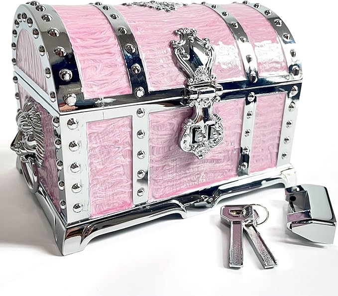 Large Double-layer Retro Metal Jewelry Chest, Pirate-style Lion Head Relief Treasure Box With Lock Women's Jewelry Storage (Oil Painting Pink Chrome) by Unknown