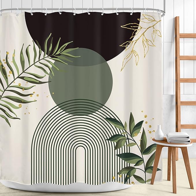 Dark Green Boho Shower Curtain 72Wx84H Extra Long Black Green Modern Bohemian Abstract Plant Leaves Bathroom Decor Minimalist Geometric Neutral Bath Curtain Fabric Polyester 12 Pack Hooks - Image 2