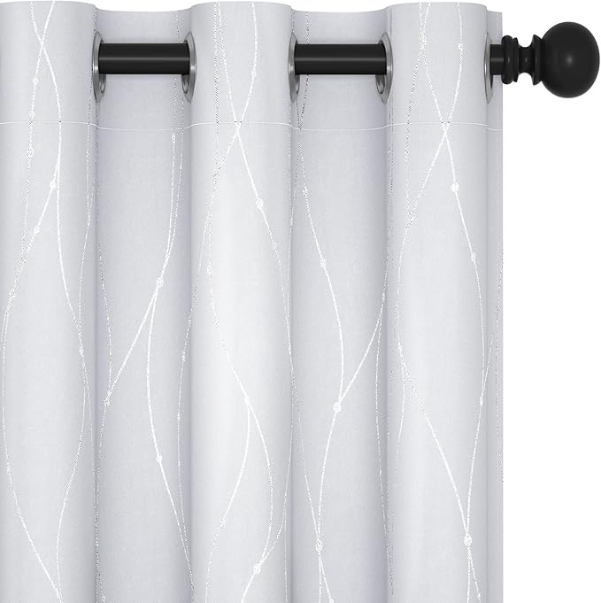 Deconovo Kitchen Curtains, Room Darkening Drapes, Thermal Insulated Soundproof Grommet Drape, Silver Wave Dots Print, 42 x 45 Inch, Machine Washable Window Panels for Small Windows Nursery, Set of 2 by Deconovo