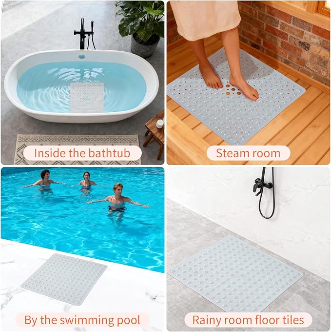 Anti-Slip Bathtub Shower mat, 20.8×20.8（Approximately 53×53cm） inch Soft Oversized Machine Washable Non-Slip Bathtub mat with Drainage Holes, Bathroom Floor Suction Cup.（1-Clear White） - Image 6