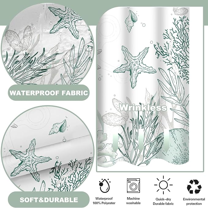 No Hook Shower Curtain with Snap in Liner, Beach Ocean Nautical Coastal Shower Curtains and Liner Set for Bathroom, Seashell Hotel Fabric Bath Curtain, Waterproof Washable, Green 71" x 74" - Image 3