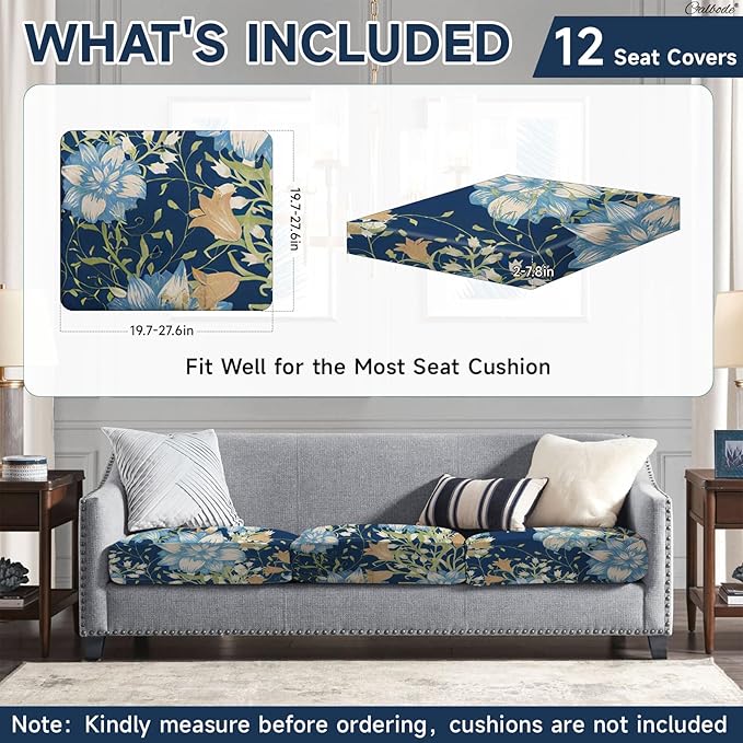 12Pcs Stretch Patio Cushion Cover, Printed Couch & Sofa Slipcovers for Patio Furniture Cushions Washable Reusable Couch Covers Replacement for Autumn Winter (Dark Blue Floral, Cover Only) - Image 2