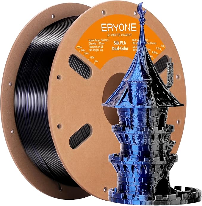 ERYONE Silk Dual Color PLA Filament 3D Printer 1.75mm +/- 0.03mm, Bicolor Filament Two Tone PLA 1KG(2.2lbs) Cardboard Spool, Midnight Blue & Black by ERYONE