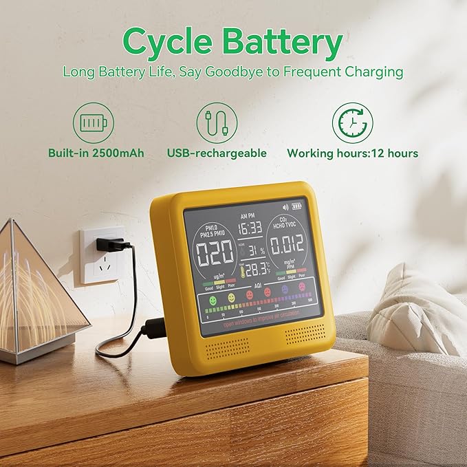 16-in-1 Indoor Air Quality Monitor with PM1.0,PM2.5,PM10,CO2,HCHO,TVOC,Temperature,Humidity,Time Display &7 AQI Alarms – Professional Air Quality Tester for Home, Office & Indoor Use (Bright Yellow) - Image 4