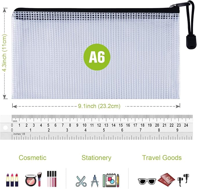 Plastic Mesh Zipper Pencil Pouches, 6PCS Waterproof Tear-Resistant Document File Folders, A6 Size Zipper Documents Pouch Document Organizer Bags for School Office Home Travel Storage(9.25×4.25Inch) - Image 2