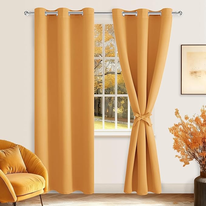 Hiasan Grommet Blackout Curtains for Bedroom, 42 x 84 Inches Long - Thermal Insulated & Light Blocking Window Curtains for Living Room, 2 Drape Panels Sewn with Tiebacks, Pumpkin Orange by Hiasan