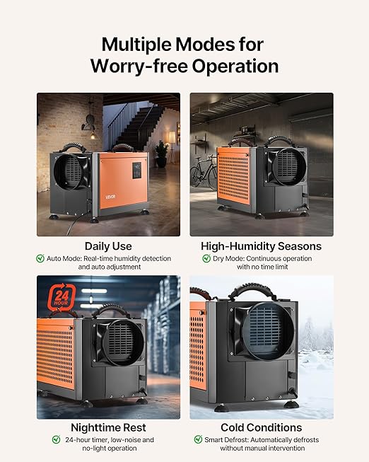 VEVOR 70 Pints Commercial Dehumidifier with Pump, Portable Crawl Space Dehumidifiers for Basement Storage Room Industrial, Auto Defrost/Drainage, Heavy-duty Galvanized Steel, with 2 Drain Hoses - Image 4