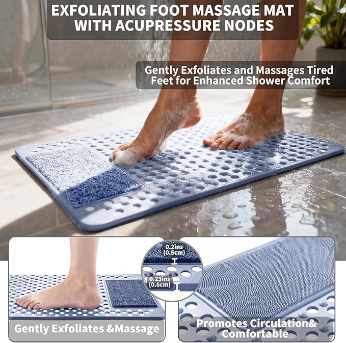 Bath Tub Shower Mat with Soft Shower Foot Scrubber Mat for Massage,Non Slip Bathtub Mat with Strong Suction Cups, Silicone Shower Foot Scrubber Mat (Dusty Blue, 31.5" X 19.7"(Rectangular)) - Image 6