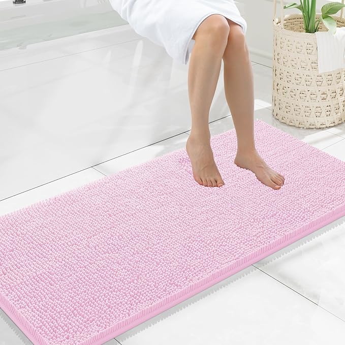 Smiry Luxury Chenille Bathroom Rugs 47x20, Extra Soft and Absorbent Shaggy Bath Mat, Machine Washable, Non-Slip Plush Carpet Runner for Tub, Shower, and Floor, Home Decor Accessories, Pink by Smiry