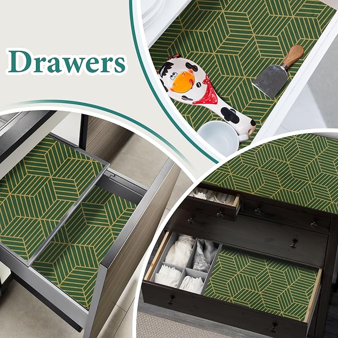 Shelf Liners for Kitchen Cabinets 17.5in x 30FT, Non Adhesive Cabinet Liner Strong Non-Slip Thickened Gold Green Geometric Drawer Liner, Easy to Clean for Shelf, Cabinet with Knife and Tape Measure - Image 5
