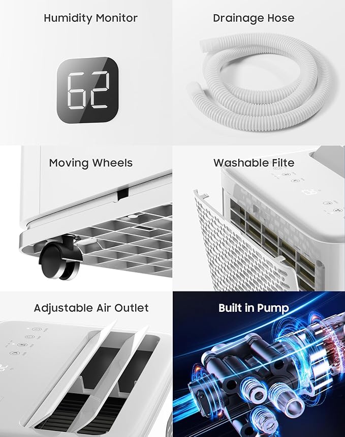 150 Pints Dehumidifier with Pump, 8000 Sq.Ft Dehumidifier for Basement with Drain Hose & 2.11 Gal Water Tank, Large Dehumidifiers for Large Room Warehouses Commercial and Home (150 pint) - Image 5