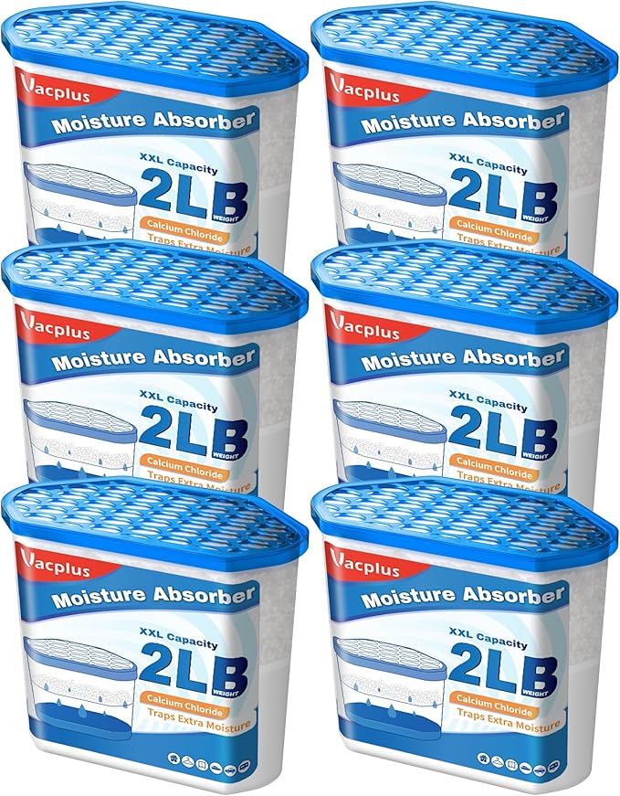 Vacplus Moisture Absorber Buckets – Large Capacity Dehumidifier and Humidity Absorber for Closet, Basement, Bathroom, RV, and Storage Areas, Unscented, 2 lbs, 6 Pack by Vacplus