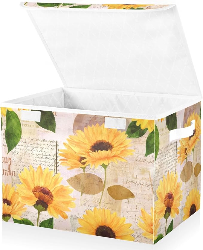 xigua Yellow Sunflower Storage Bins with Lids and Carrying Handle,Foldable Storage Boxes Organizer Containers Baskets Cube with Cover for Home Bedroom Closet Office - Image 2